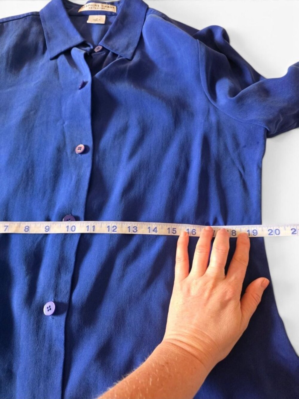 Josephine Chaus 100% Silk Blue Button Front Blouse Women's 12 Long Sleeve Top - Picture 14 of 14